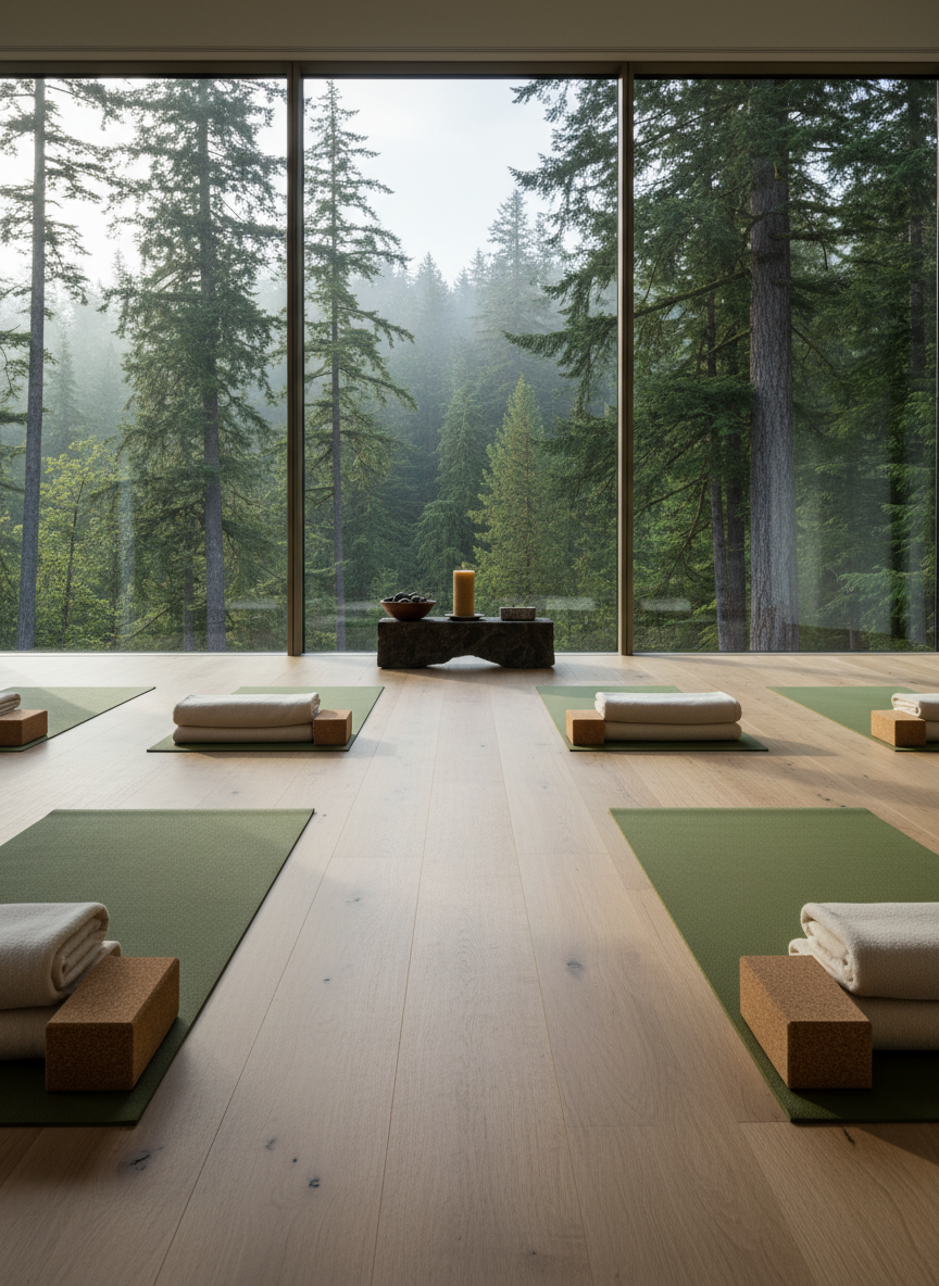 An elegant yoga and meditation studio with wide-plank light oak flooring and a wall of tall windows opening to a lush Pacific Northwest forest. Six neatly aligned moss-green yoga mats rest on the floor, each accompanied by a natural cork block and a folded off-white cotton blanket. Soft early-morning light filters through the glass, creating long, delicate shadows across the floor and subtle highlights on the textured mats. A single low, dark stone altar at the front of the room holds a small wooden bowl of river stones and a simple beeswax candle, unlit. Photographed from a low, centered angle, the perspective leads the eye toward the forest outside. The atmosphere is contemplative, grounded, and refined, with photographic realism and a clean, understated luxury feel.