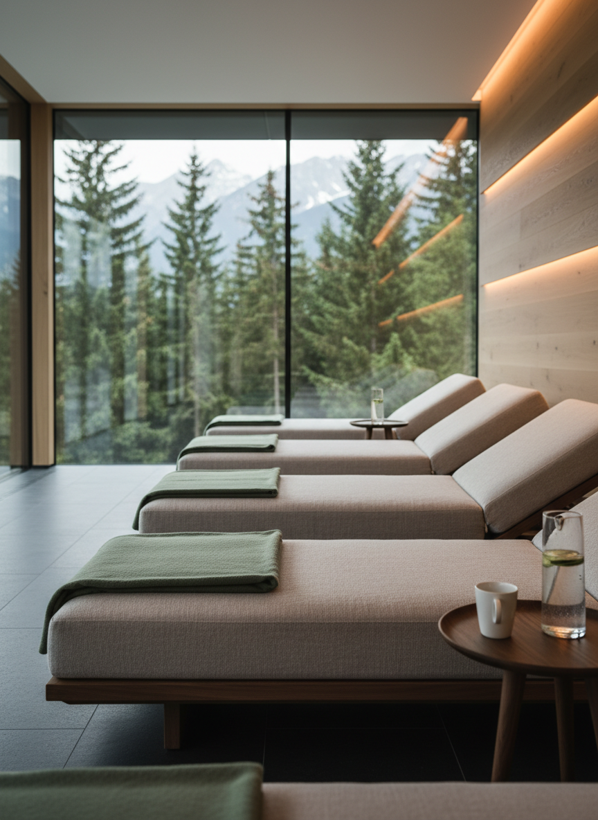 A luxurious spa relaxation lounge featuring low, slate-gray chaise loungers with thick, textured linen cushions and neatly folded organic cotton blankets in muted forest green tones. The loungers face floor-to-ceiling windows framing towering evergreen trees and a glimpse of snow-capped peaks beyond. Warm recessed lighting along a pale oak wall casts a soft, ambient glow, subtly reflecting off a matte black stone floor. On a small side table, a carafe of cucumber-infused water rests beside a single white ceramic cup. Captured from a slightly elevated corner perspective with a shallow depth of field, the foreground in crisp focus and the forest view gently blurred. The mood is calm, exclusive, and sophisticated, rendered in photographic realism with a minimalist, modern spa aesthetic.