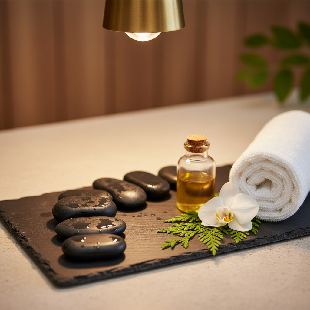A close-up, photographic realism shot of an artfully arranged spa treatment setup on a dark slate tray. Smooth black basalt hot stones, glistening with a light sheen of water, are laid in a gentle curve beside a small frosted glass bottle of golden massage oil. Nearby, a pristine rolled white towel with a subtle geometric texture sits next to a sprig of fresh cedar and a single white orchid bloom. The tray rests on a pale, matte stone countertop. Warm, focused pendant lighting from above creates soft highlights on the stones and delicate shadows on the towel’s folds, set against a gently blurred background of natural wood tones. Shot at a slightly elevated, close-up angle with shallow depth of field, the mood is indulgent, serene, and meticulously curated, perfectly aligned with a sophisticated wellness retreat brand.