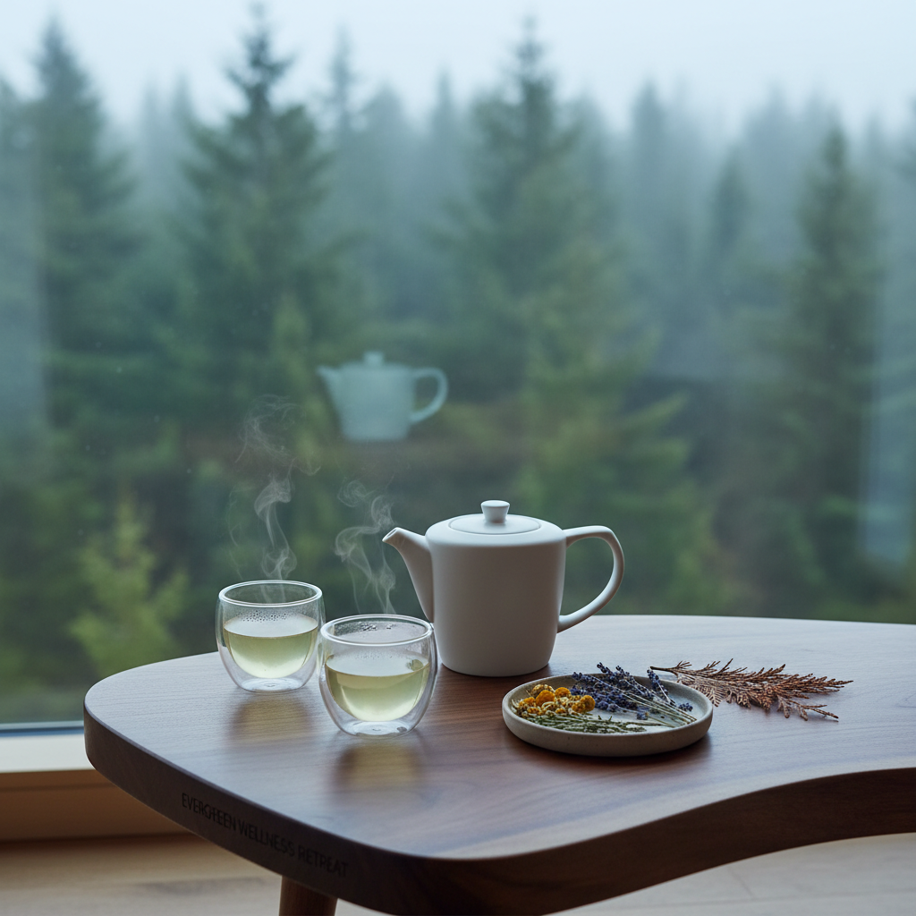 A refined tea ritual scene arranged on a low, natural-edge walnut table set beside a large window overlooking a misty evergreen forest. A matte white porcelain teapot with clean, modern lines sits beside two matching double-walled glass cups filled with pale green herbal tea, wisps of steam curling gently upward. A small ceramic dish holds loose dried herbs—chamomile, lavender, and cedar tips—displayed in delicate clusters. Soft, cool daylight from the window casts even illumination with subtle reflections on the glass and porcelain, while the forest beyond fades into a soft bokeh. Photographed at a three-quarter angle from slightly above, the composition is uncluttered and balanced, evoking a sense of quiet ceremony, warmth, and sophisticated simplicity, perfectly capturing the restorative, nature-inspired luxury of Evergreen Wellness Retreat.