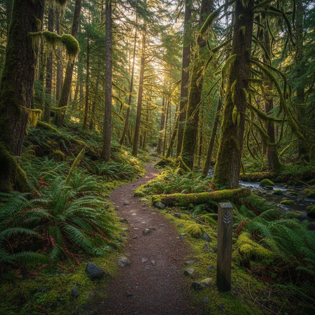 A panoramic, photographic realism view of a forest bathing trail winding softly through dense, moss-covered evergreens in coastal British Columbia. The narrow packed-earth path is lined with ferns, fallen cedar branches, and scattered river stones glistening with recent rain. Shafts of late-afternoon light filter through the tall trees, illuminating patches of emerald moss and creating a tapestry of light and shadow on the forest floor. In the foreground, a small wooden trail marker with a minimalist leaf icon stands beside the path. Captured from a low, forward-facing angle, the composition draws the eye gently into the distance. The atmosphere is deeply tranquil, immersive, and subtly mystical, emphasizing connection to nature with a refined, cinematic yet realistic style suitable for a high-end nature wellness retreat.